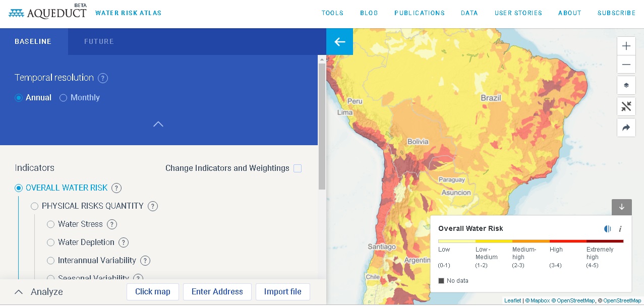  Aqueduct Water Risk Atlas, ferramenta que avalia o risco hídrico, enchentes, riscos de seca e outros fatores.